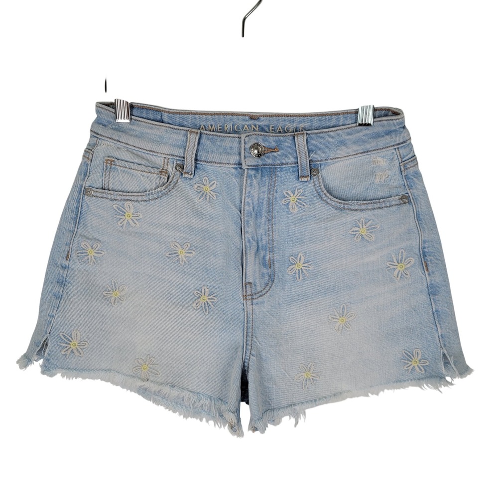 American Eagle Denim Shorts Sz 2 Light Blue Embroidered Daisy Raw Hem Distressed